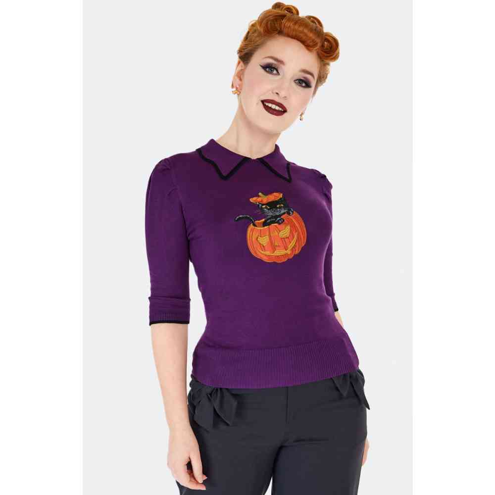 Voodoo Vixen - Cat Pumpkin Collared Sweatshirt - Lila